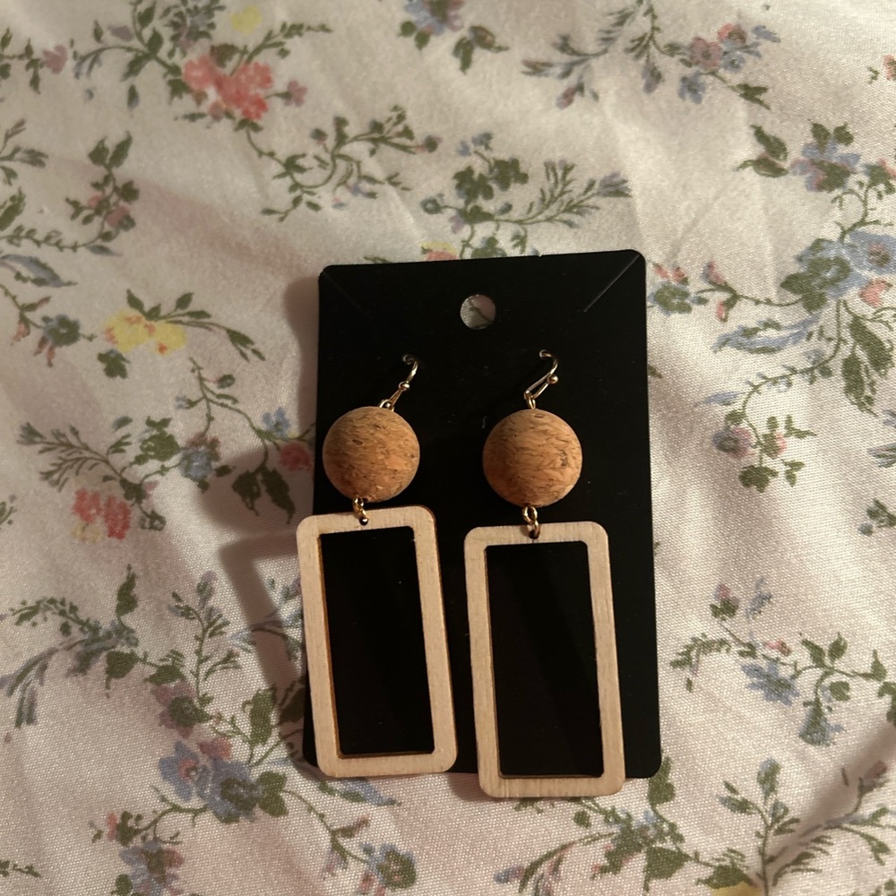 Wood and Black Rectangle Dangle Earrings